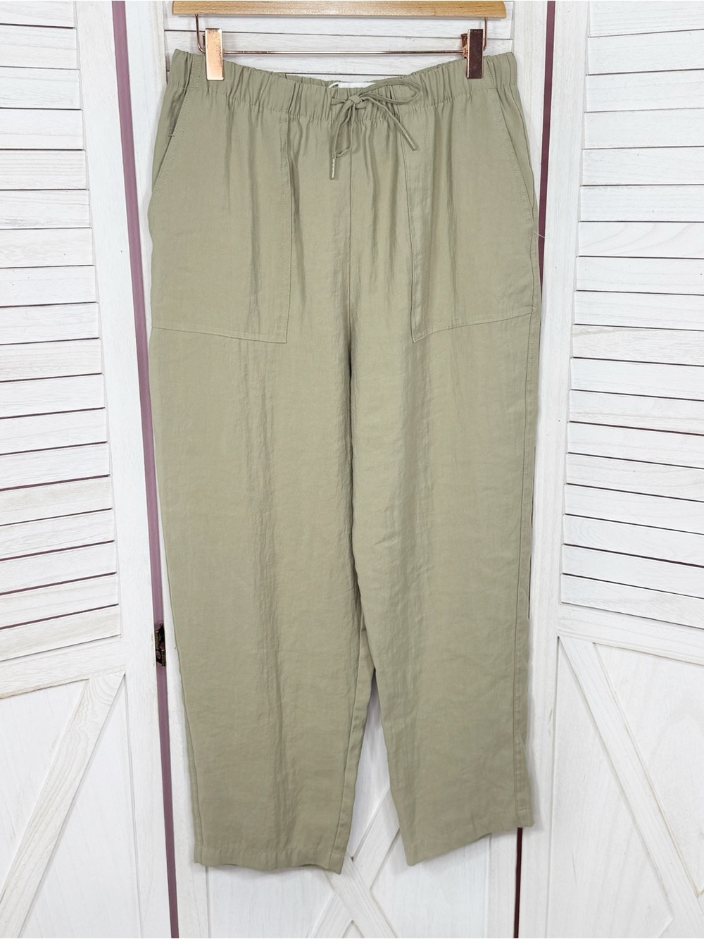 Zara‎ Drawstring Elastic Waist Slouchy Crop Pants Olive Tan Medium Pull On